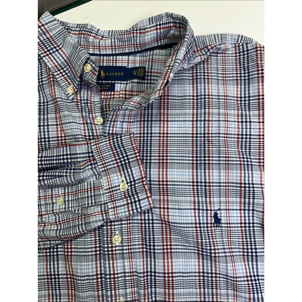 Ralph Lauren Mens Cotton Stretch Long Sleeve XLT Pony Logo Red White Blue Plaid